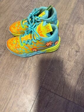 Puma Lamelo Ball Scooby-Do Kids Sneakers - Teal, Orange & Yellow Floral Design
